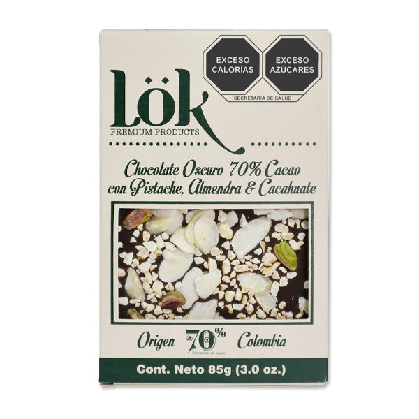 Lök CHOCOLATE OSCURO 70% CACAO CON PISTACHE, ALMENDRA Y CACAHUATE