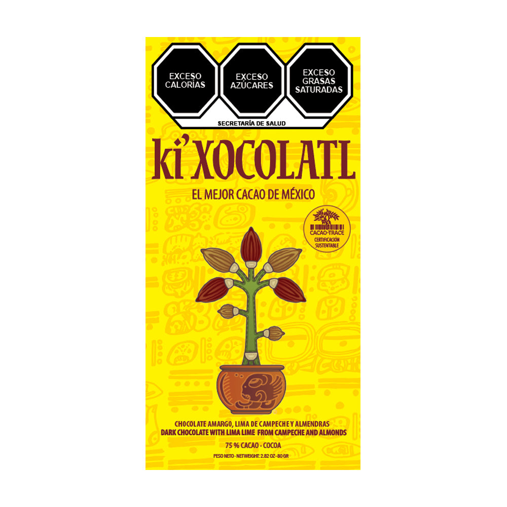 KI'XOCOLATL CHOCOLATE AMARGO, LIMA DE CAMPECHE Y ALMENDRAS