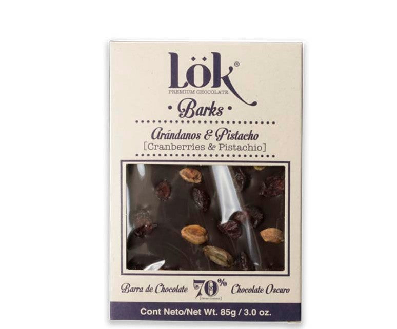 LOKCHOCOLATE OSCURO 70% CACAO CON ARANDANO & PISTACHE